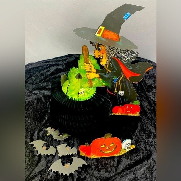 Vtg Halloween Witch Watch Centerpiece Honeycomb Bats Pumpkin Ambassador Hallmark - Picture 5 of 9